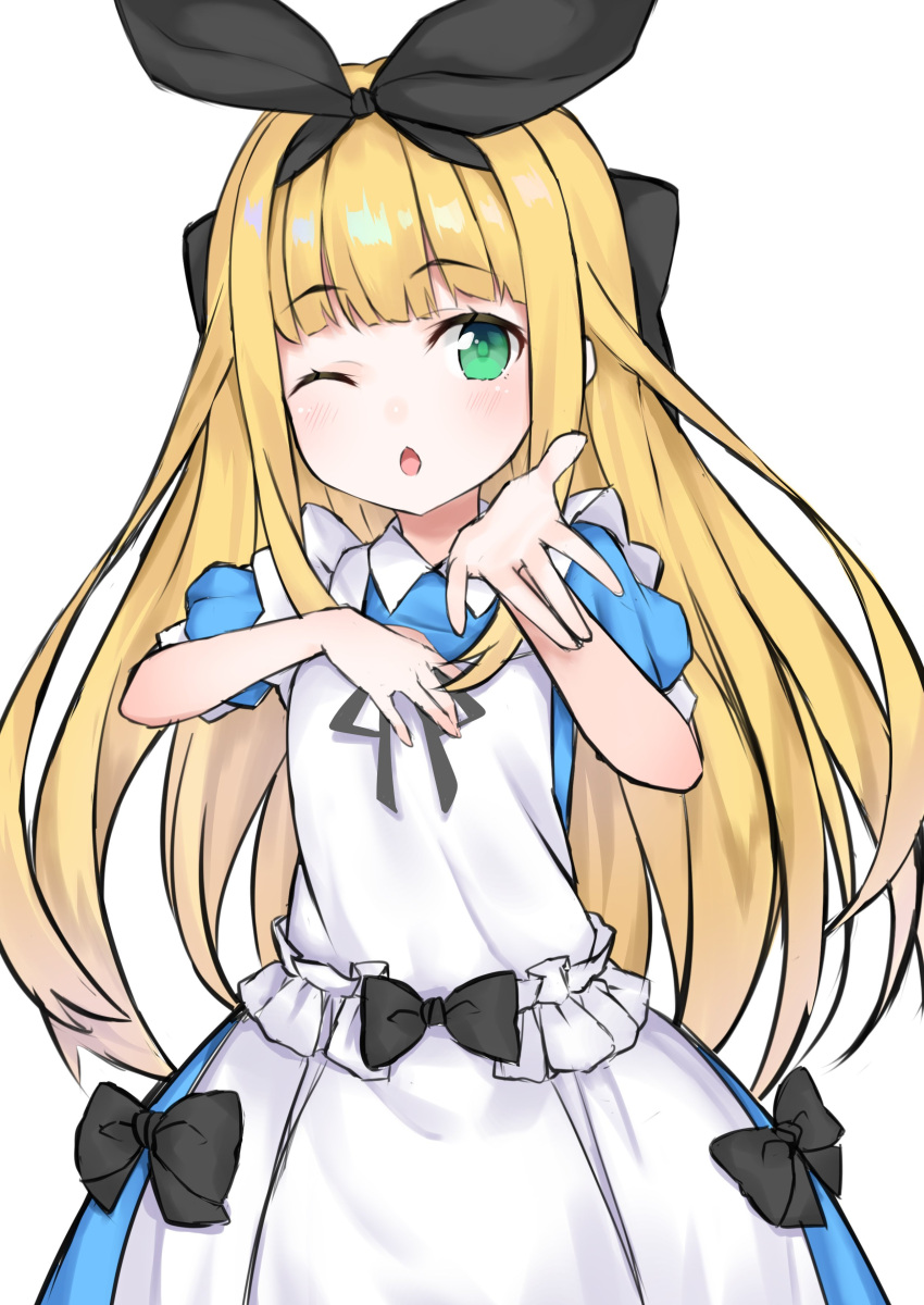 1girl ;o absurdres apron bangs black_bow black_ribbon blonde_hair blue_dress bow chestnut_mouth collared_dress commentary_request dress eyebrows_visible_through_hair green_eyes hair_bow hair_ribbon hand_on_own_chest hashiko_nowoto highres long_hair looking_at_viewer maid_apron mononobe_alice nijisanji one_eye_closed parted_lips puffy_short_sleeves puffy_sleeves ribbon short_sleeves simple_background solo very_long_hair virtual_youtuber white_apron white_background
