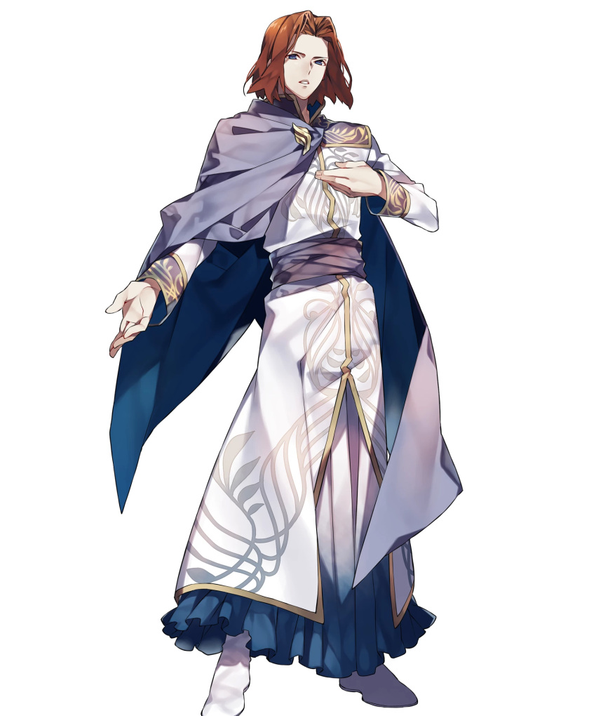 1boy 88_taho blue_cape blue_eyes cape collar cyas fire_emblem fire_emblem:_thracia_776 fire_emblem_heroes hand_on_own_chest highres long_sleeves male_focus official_art open_hand parted_lips redhead robe short_hair simple_background solo standing teeth transparent_background white_footwear white_robe