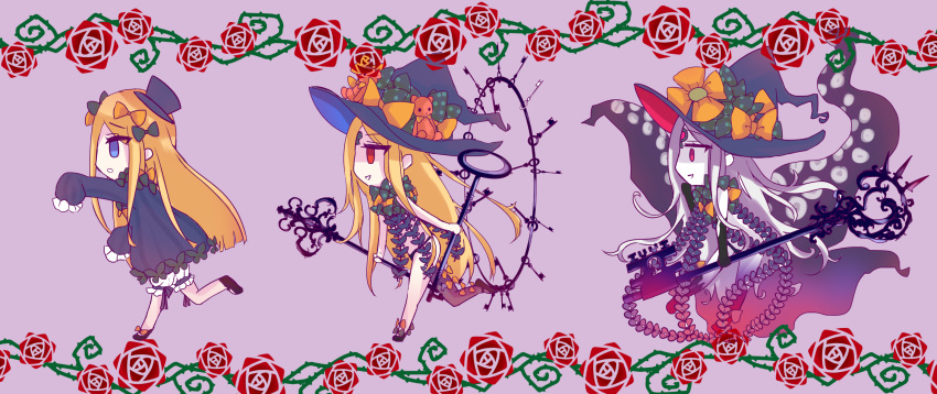 3girls :d :o abigail_williams_(fate/grand_order) bangs black_bow black_dress black_footwear black_gloves black_hat black_legwear black_panties blonde_hair bloomers blue_eyes bow butterfly commentary_request dress elbow_gloves fate/grand_order fate_(series) flower gloves hair_bow hat hat_bow highres holding holding_key insect key keyhole kneehighs long_hair long_sleeves mary_janes mirinnn_x multiple_girls multiple_persona open_mouth orange_bow outstretched_arm oversized_object pale_skin panties parted_bangs parted_lips pink_background polka_dot polka_dot_bow profile red_eyes red_flower red_rose revealing_clothes rose rose_background shoes sleeves_past_fingers sleeves_past_wrists smile standing standing_on_one_leg stuffed_animal stuffed_toy suction_cups teddy_bear tentacle thorns topless underwear very_long_hair white_bloomers white_hair witch_hat