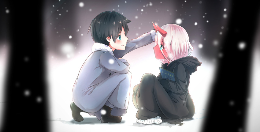 1boy 1girl absurdres black_hair black_robe blush book child coat darling_in_the_franxx forest green_eyes hair_between_eyes hand_on_another's_head highres hiro_(darling_in_the_franxx) holding holding_book horns kneeling long_hair long_sleeves looking_at_another nature pink_hair realdragon red_skin robe short_hair sitting smile snow snowing spoilers winter winter_clothes winter_coat younger zero_two_(darling_in_the_franxx)
