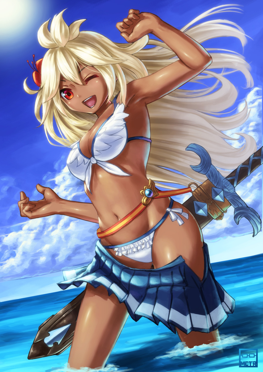 1girl :d absurdres ahoge belt bikini clouds commentary_request dark_skin flower front-tie_bikini front-tie_top granblue_fantasy hair_flower hair_ornament highres long_hair michitarou midriff navel ocean one_eye_closed open_mouth partially_submerged pleated_skirt red_eyes scabbard sheath sheathed side-tie_bikini skirt smile solo standing sun swimsuit sword the_order_grande weapon white_bikini white_hair