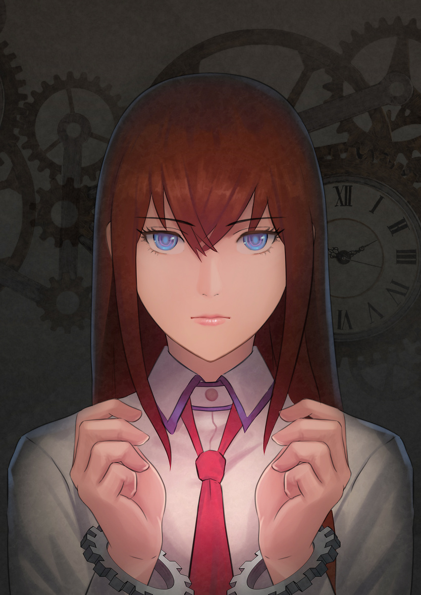 1girl blue_eyes brown_hair chinese_commentary clock closed_mouth collared_shirt commentary_request cuffs eyebrows_visible_through_hair fateline_alpha gears handcuffs hands_up highres long_hair looking_at_viewer makise_kurisu necktie red_neckwear shirt solo steins;gate white_shirt wing_collar