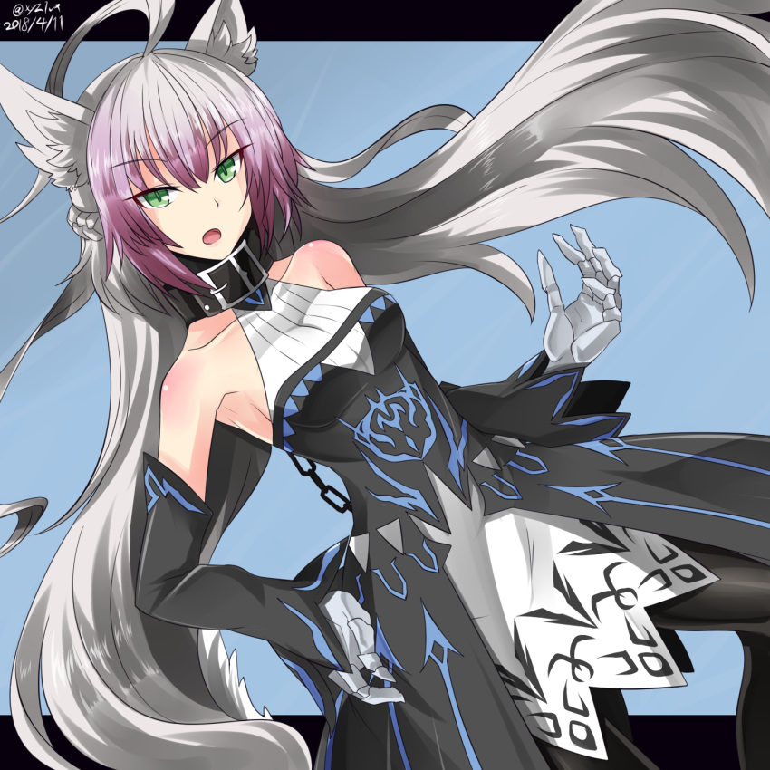 1girl ahoge animal_ears atalanta_(alter)_(fate) atalanta_(fate) bangs bare_shoulders black_dress black_legwear collarbone commentary_request dated detached_sleeves dress eyebrows_visible_through_hair fate/grand_order fate_(series) gradient_hair green_eyes hair_between_eyes hand_on_hip hebitsukai-san highres long_hair looking_at_viewer multicolored_hair open_mouth pantyhose purple_hair silver_hair sleeveless sleeveless_dress sleeves_past_wrists solo tail twitter_username very_long_hair