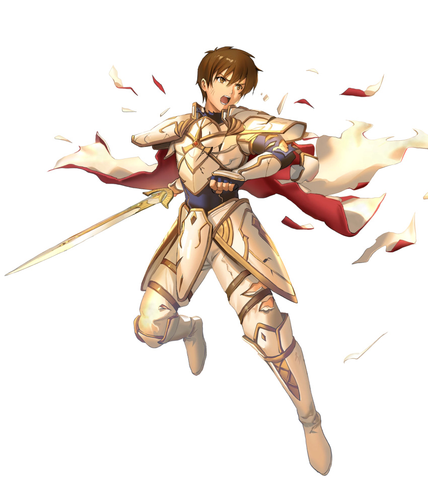 1boy armor bangs boots broken_armor brown_eyes brown_hair cape fingerless_gloves fire_emblem fire_emblem:_thracia_776 fire_emblem_heroes full_body gauntlets gloves highres holding holding_sword holding_weapon leaf_(fire_emblem) official_art open_mouth pants short_hair shoulder_armor solo sword torn_clothes transparent_background weapon