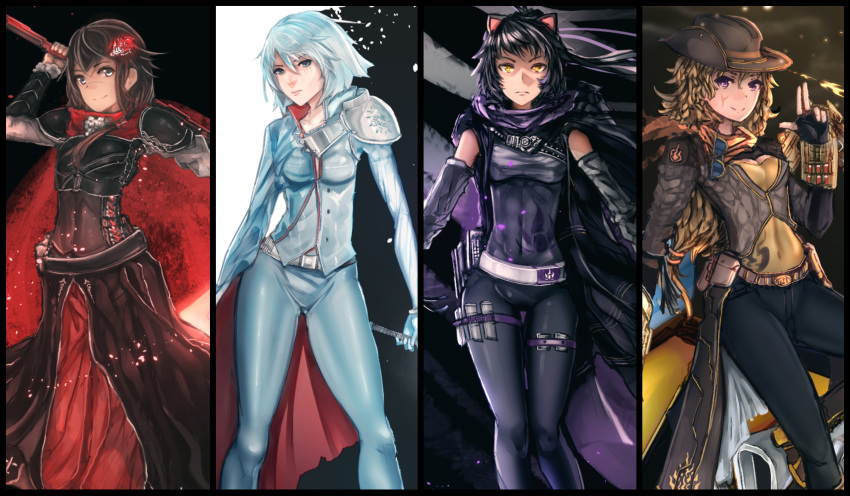 4girls alternate_universe animal_ears anonamos armor belt black_hair blake_belladonna blonde_hair cat_ears commission cowboy_hat facial_scar flower hair_flower hair_ornament hat highres multiple_girls older pauldrons redhead ruby_rose rwby scar scar_across_eye scar_on_cheek scarf weiss_schnee white_hair yang_xiao_long