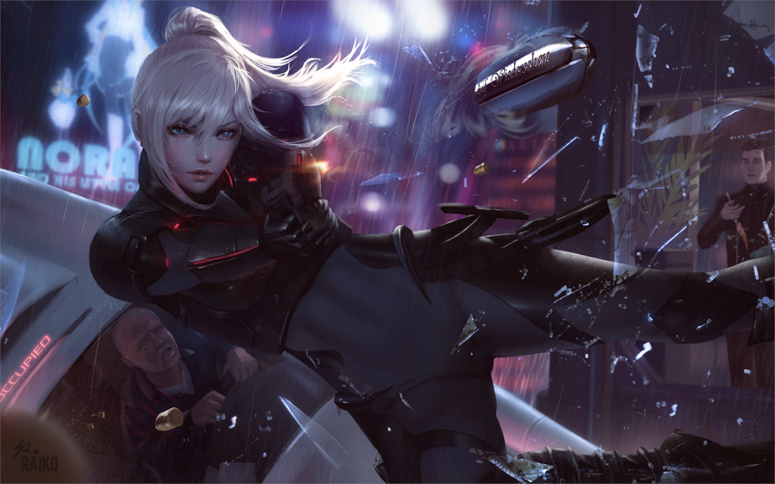 1girl 2boys black_gloves blonde_hair blue_eyes blurry blurry_background bodysuit boots broken_glass bullet city driving firing glass gloves gun handgun lips long_hair multiple_boys original pale_skin parted_lips ponytail raikoart rain solo_focus standing taxi tess_(raikoart) weapon window