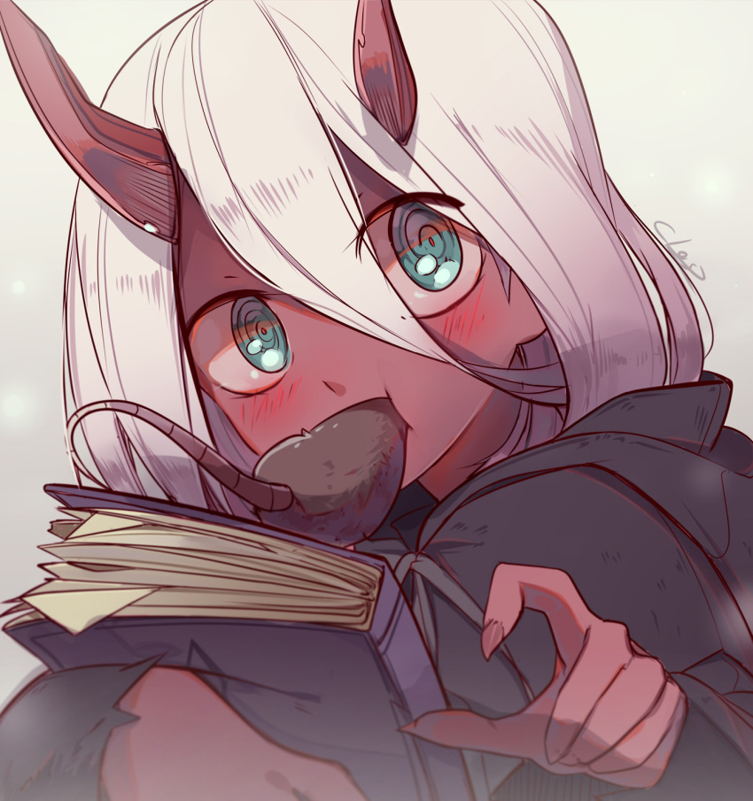1girl black_robe blush book closz darling_in_the_franxx eating fingernails green_eyes hair_between_eyes highres holding holding_book horns long_hair long_sleeves looking_at_viewer rat red_skin robe sharp_fingernails signature silver_hair solo spoilers torn_clothes younger zero_two_(darling_in_the_franxx)