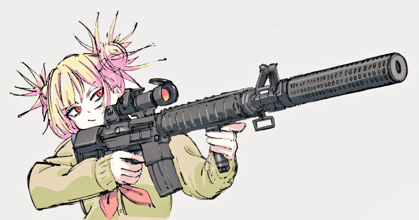 1girl :/ bangs blonde_hair blue_sailor_collar boku_no_hero_academia buttons cardigan closed_mouth double_bun eyebrows eyebrows_visible_through_hair finger_on_trigger gun highres holding holding_gun holding_weapon long_sleeves looking_away looking_to_the_side magazine_(weapon) messy_hair neckerchief orange_eyes red_neckwear sailor_collar saitama_(antitankromeo) school_uniform scope serafuku short_hair silver_background simple_background sleeves_past_wrists solo toga_himiko upper_body weapon weapon_request