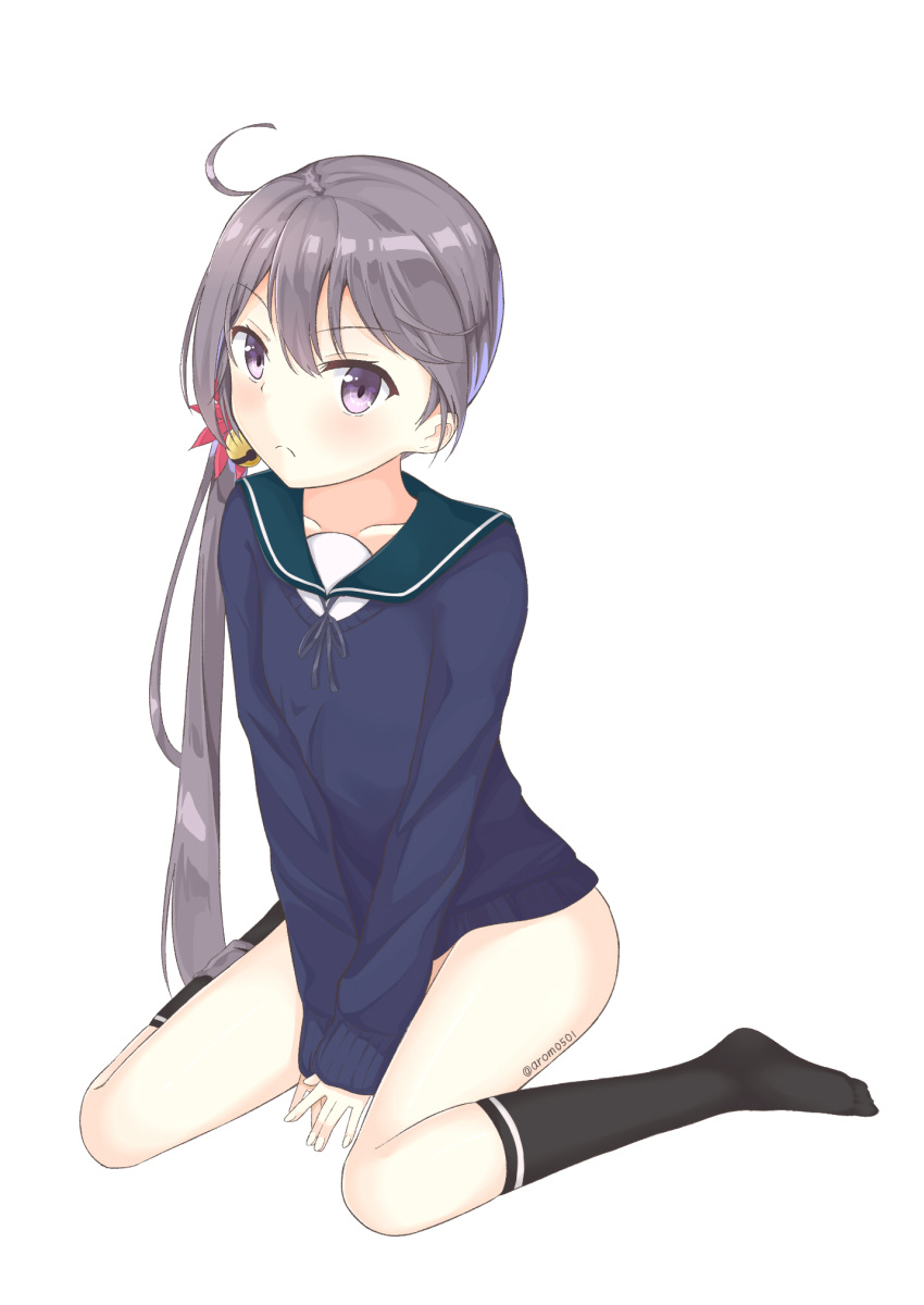1girl akebono_(kantai_collection) aroma0501 bangs bell between_legs black_legwear blue_sweater blush closed_mouth collarbone commentary_request eyebrows_visible_through_hair fingernails flower green_sailor_collar grey_hair hair_bell hair_between_eyes hair_flower hair_ornament hand_between_legs highres jingle_bell kantai_collection kneehighs long_hair long_sleeves looking_at_viewer no_pants no_shoes red_flower sailor_collar school_uniform serafuku shirt side_ponytail sidelocks simple_background sleeves_past_wrists solo sweater thighs twitter_username very_long_hair violet_eyes white_background white_shirt