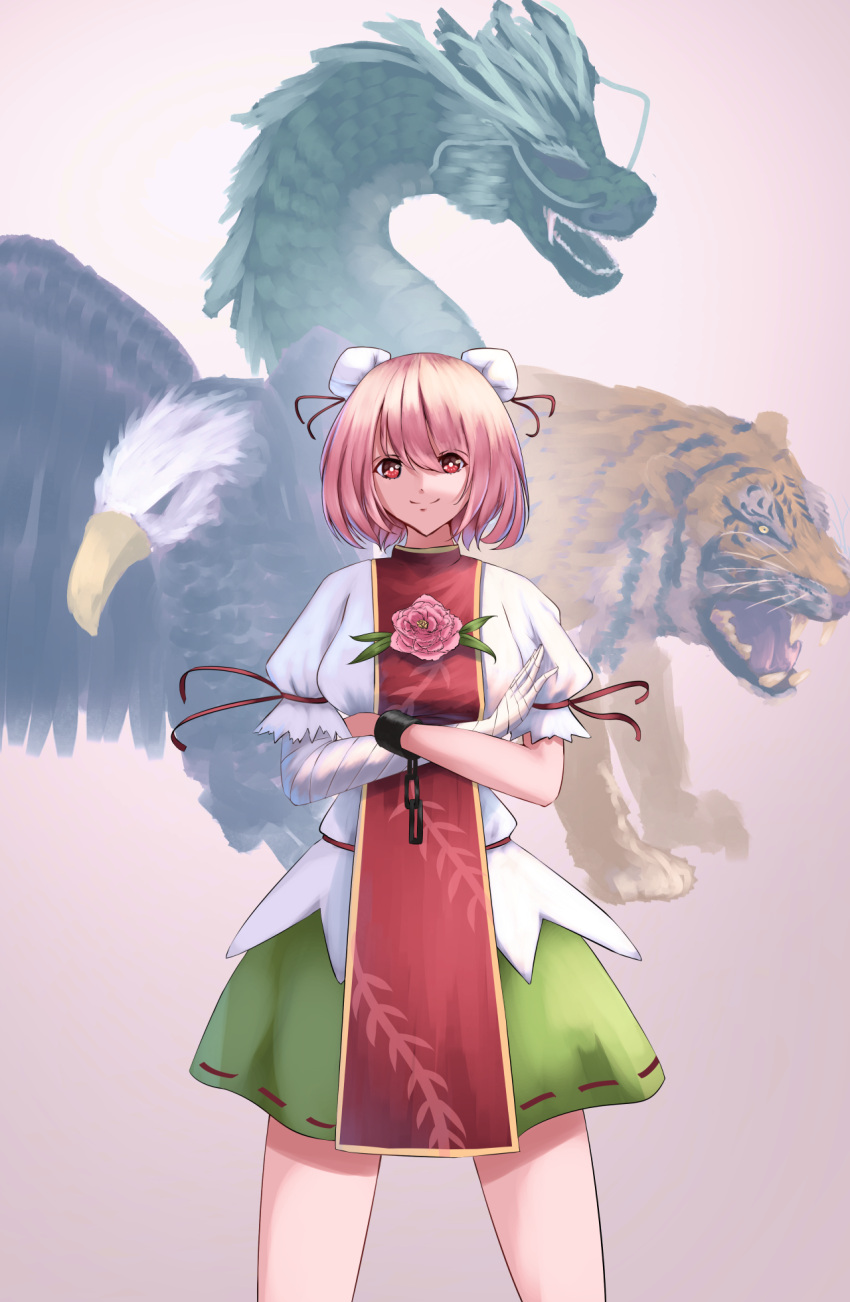 1girl bald_eagle bandage bandaged_arm bird cacao_devil chains cowboy_shot crossed_arms cuffs double_bun dragon eagle eastern_dragon flower gradient gradient_background green_skirt grey_background highres ibaraki_kasen looking_at_viewer pink_flower pink_hair pink_rose puffy_short_sleeves puffy_sleeves red_eyes rose shackles shirt short_hair short_sleeves skirt smile solo standing tabard tiger touhou white_shirt