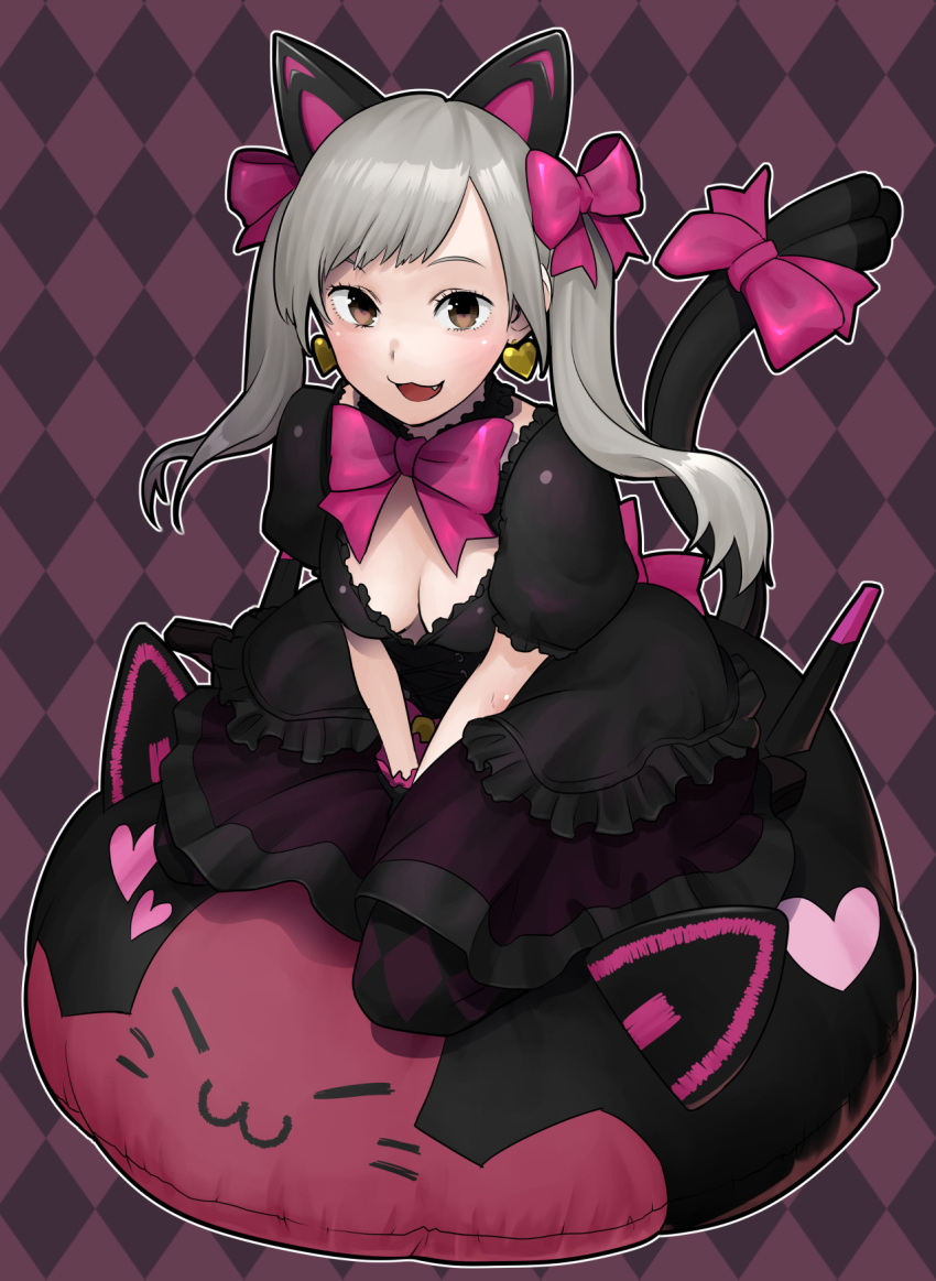 1girl alternate_costume animal_ears argyle argyle_legwear between_legs black_cat_d.va black_dress black_gloves blonde_hair bow bowtie breasts brown_eyes cat_ears checkered checkered_background cleavage d.va_(overwatch) dress earrings fang frilled_dress frills full_body gloves hair_bow hand_between_legs heart heart_earrings highres jewelry kalua lolita_fashion looking_at_viewer medium_breasts open_mouth overwatch pantyhose pillow pink_bow puffy_sleeves purple_background short_sleeves sitting skirt smile solo twintails wariza