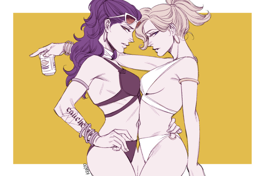 2girls alternate_skin_color armlet artist_name bikini blonde_hair bracelet earrings high_ponytail hoop_earrings jewelry kenjo_(kitkat) long_hair mercy_(overwatch) multiple_girls o-ring_bikini overwatch purple_hair simple_background swimsuit tattoo widowmaker_(overwatch) yellow_background