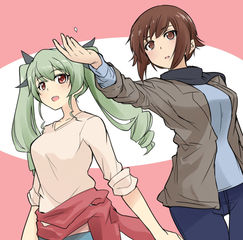 2girls anchovy bangs black_ribbon black_scarf blue_pants blue_shirt brown_eyes brown_hair casual clothes_around_waist commentary_request drill_hair dutch_angle eyebrows_visible_through_hair girls_und_panzer green_hair grey_jacket hair_ribbon highres hoshikawa_(hoshikawa_gusuku) jacket long_hair long_sleeves looking_at_viewer multiple_girls nishizumi_maho open_clothes open_jacket open_mouth pants petals pink_shirt red_eyes red_sweater ribbon scarf shirt short_hair sleeves_rolled_up smile standing sweater sweater_around_waist twin_drills twintails v-neck