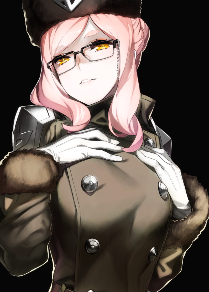1girl 92m bangs black-framed_eyewear black_background breasts brown_coat buttons coat fate/grand_order fate_(series) glasses gloves hands_on_own_chest hat highres koyanskaya large_breasts long_hair looking_at_viewer pauldrons pink_hair smile solo swept_bangs very_long_hair white_gloves yellow_eyes