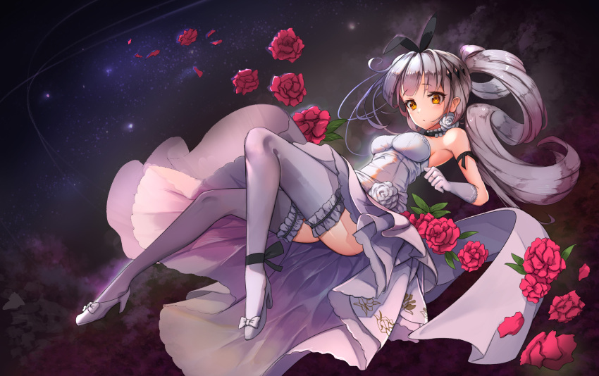 1girl absurdres alternate_costume arm_ribbon bangs bare_shoulders black_ribbon black_sky blush bow breasts brown_eyes choker cleavage closed_mouth dress dress_shoes eyebrows_visible_through_hair five-seven_(girls_frontline) floating floating_hair flower frilled_legwear girls_frontline gloves hair_ornament hair_ribbon highres large_breasts layered_dress leg_ribbon long_hair looking_at_viewer night petals ponytail red_flower red_rose ribbon rinu99 rose shoe_bow shoes sidelocks silver_hair sky solo star_(sky) starry_sky thigh-highs thighs underbust very_long_hair wedding_dress white_dress white_gloves white_legwear