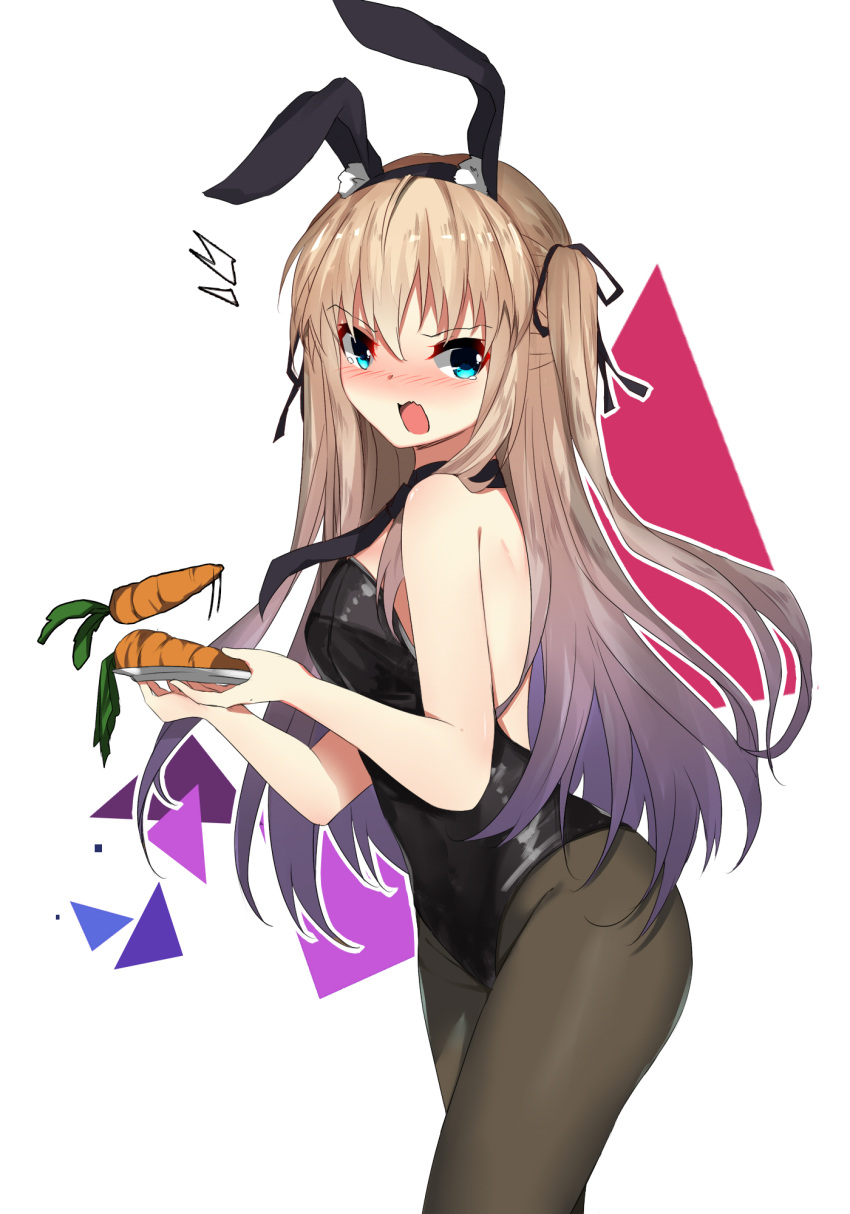 /\/\/\ 1girl animal_ears bangs bare_arms bare_shoulders black_hairband black_legwear black_leotard black_neckwear blonde_hair blue_eyes blush brown_hair bunnysuit carrot cowboy_shot embarrassed fake_animal_ears from_side gradient_hair hairband highres holding holding_tray leotard long_hair looking_at_viewer looking_to_the_side motion_lines multicolored_hair necktie nose_blush open_mouth original pantyhose rabbit_ears solo standing strapless strapless_leotard surprised tearing_up tears tray triangle two_side_up v-shaped_eyebrows very_long_hair zzb