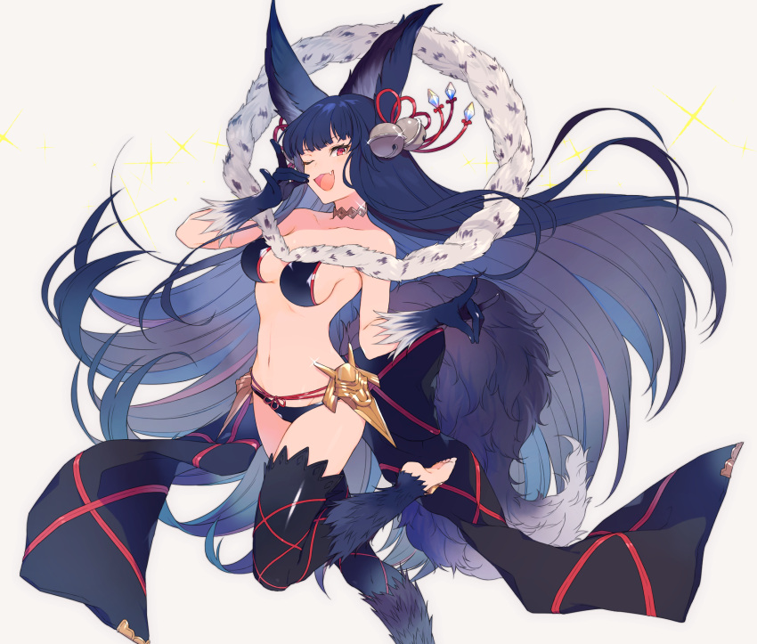 1girl ;d animal_ears bangs bare_shoulders barefoot bell black_gloves black_legwear blunt_bangs breasts choker collarbone erune eyebrows_visible_through_hair fang fox_ears fox_shadow_puppet fox_tail fur fur_trim gloves granblue_fantasy grey_background groin hair_bell hair_ornament hair_ribbon highres jingle_bell large_breasts long_hair looking_at_viewer navel o-ishi one_eye_closed open_mouth red_eyes ribbon sideboob simple_background smile solo tail thigh-highs toeless_legwear very_long_hair yuel_(granblue_fantasy)