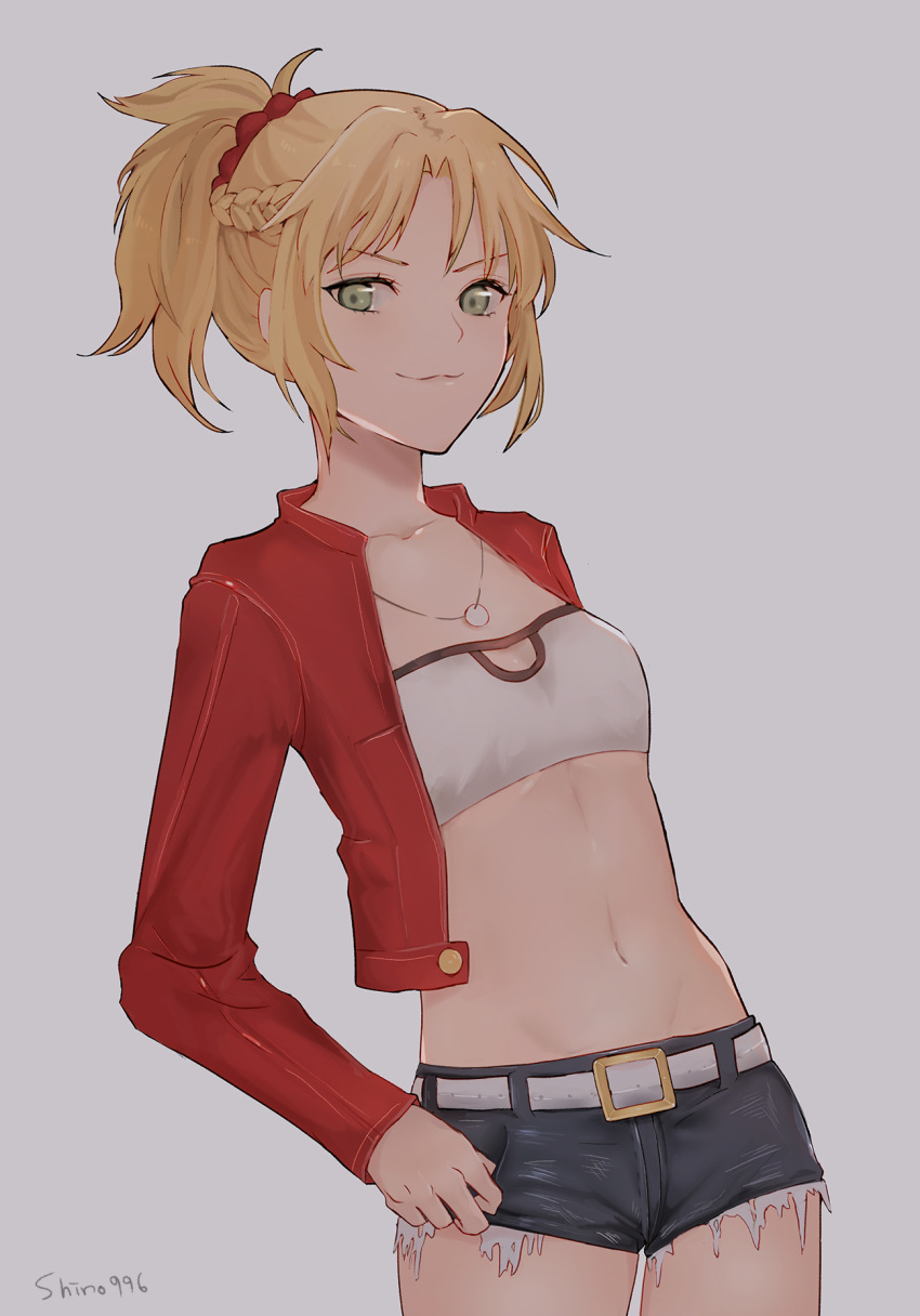 1girl :3 artist_name bangs blonde_hair braid breasts closed_mouth cropped_jacket cutoffs denim denim_shorts fate/apocrypha fate_(series) green_eyes grey_background groin hair_ornament hair_scrunchie highres jacket jewelry long_sleeves looking_at_viewer mordred_(fate) mordred_(fate)_(all) navel necklace red_jacket red_scarf scarf scrunchie shino_(mufn5785) short_hair short_shorts shorts simple_background small_breasts smile solo standing stomach white_belt