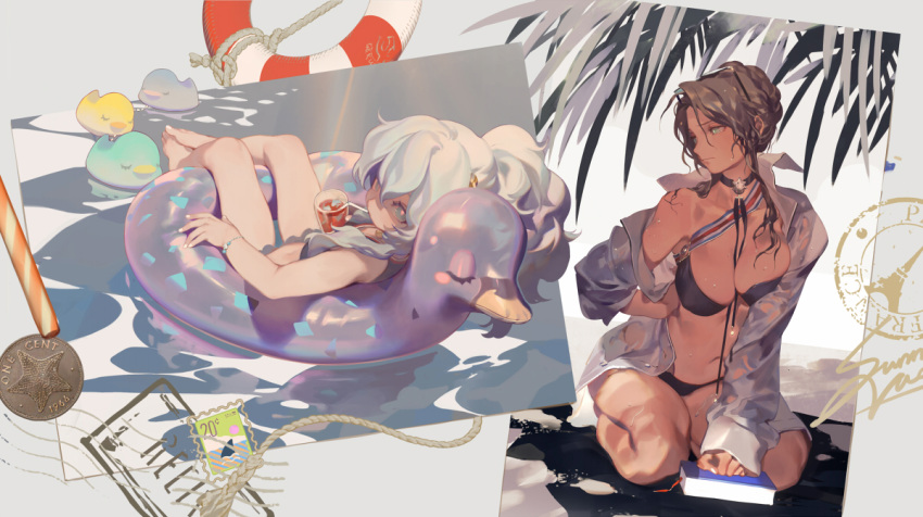2girls alternate_costume alternate_hairstyle bandage bangs between_breasts bikini black_bikini blue_bikini blue_eyes blush book bookmark bracelet breast_press breasts choker closed_mouth coin collared_shirt cup drinking drinking_straw eyewear_on_head floatation_devices floating frilled_bikini frills girls_frontline hair_between_eyes hair_over_shoulder half-closed_eyes hand_on_hip holding holding_cup intravenous_drip jewelry large_breasts lee-enfield_(girls_frontline) long_hair long_sleeves looking_at_viewer looking_away looking_back medal multiple_girls navel necklace off_shoulder open_clothes open_shirt palm_tree ponytail postage_stamp postcard reclining rei_(sanbonzakura) ribeyrolles_1918_(girls_frontline) rope rubber_duck sash see-through seiza shirt sidelocks sitting small_breasts solo stomach sunglasses swimsuit tan thighs tree very_long_hair water water_drop wavy_hair wet wet_clothes wet_shirt white_hair white_shirt