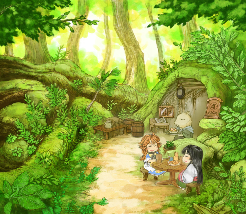 2girls :&lt; :d barrel black_hair blush cabinet cervus character_request closed_eyes commentary_request cup door dress food forest grass green hakumei_to_mikochi highres japanese_clothes lantern long_hair long_sleeves minigirl mouse multiple_girls nature open_mouth orange_hair outdoors path plant potted_plant road roots sash sign sitting smile stool table tree