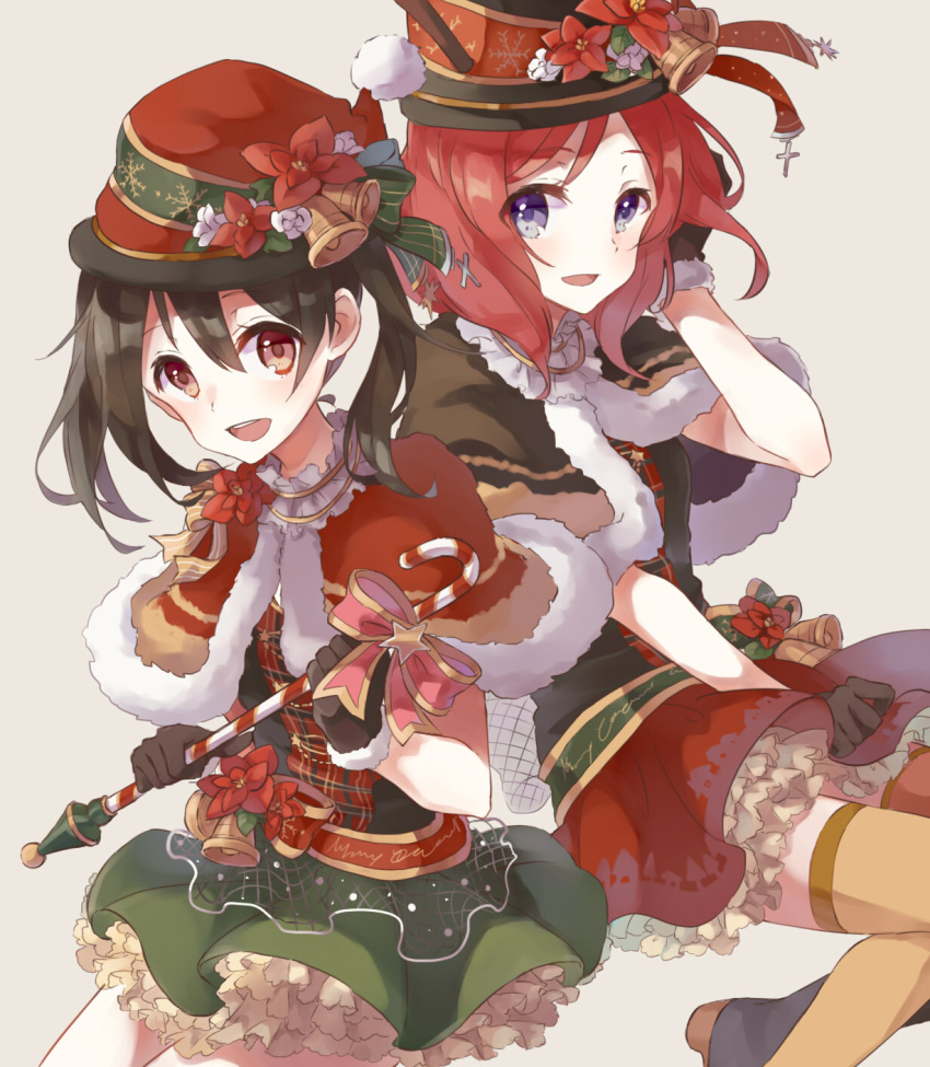 2girls :d bell black_gloves black_hair candy candy_cane christmas flower food frilled_shirt_collar frills fur-trimmed_capelet fur-trimmed_gloves fur_trim gloves green_eyes grey_background hair_between_eyes hand_in_hair hat hat_flower hat_ribbon highres looking_at_viewer love_live! love_live!_school_idol_project multiple_girls nishikino_maki open_mouth petticoat plaid poinsettia red_capelet red_eyes red_skirt redhead ribbon santa_hat sentaro207 simple_background skirt smile snowflake_print thigh-highs twintails violet_eyes yazawa_nico