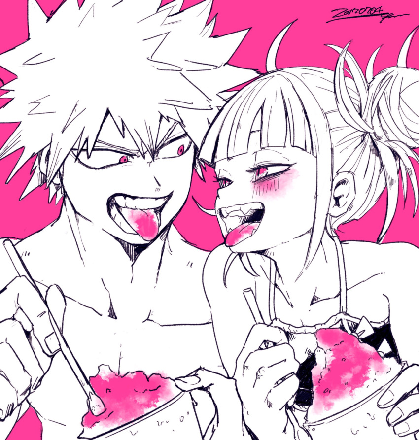 1boy 1girl :p bakugou_katsuki bangs bare_chest bare_shoulders bikini_top blush boku_no_hero_academia collarbone fangs food greyscale highres ice_cream ikapnmn2 monochrome pink_background pink_eyes spiky_hair toga_himiko tongue tongue_out