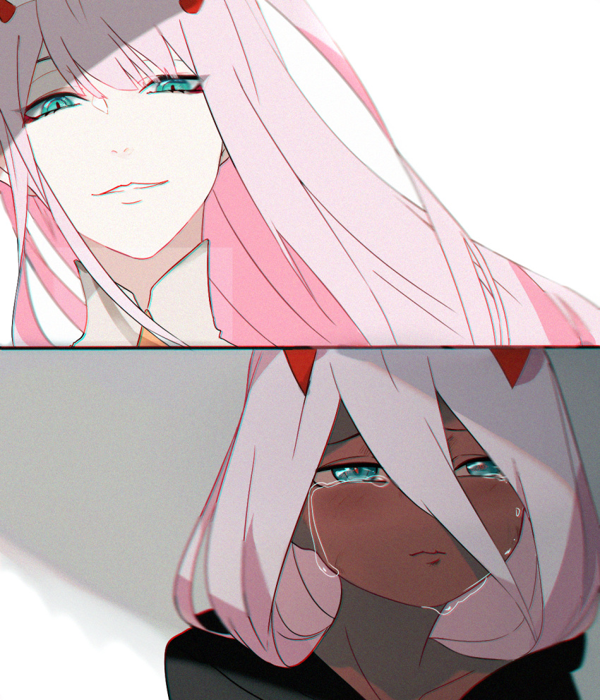 aqua_eyes black_cloak commentary_request crying crying_with_eyes_open darling_in_the_franxx dual_persona hair_between_eyes highres horns long_hair open_mouth oriharakrr pink_hair red_skin smile spoilers tears zero_two_(darling_in_the_franxx)