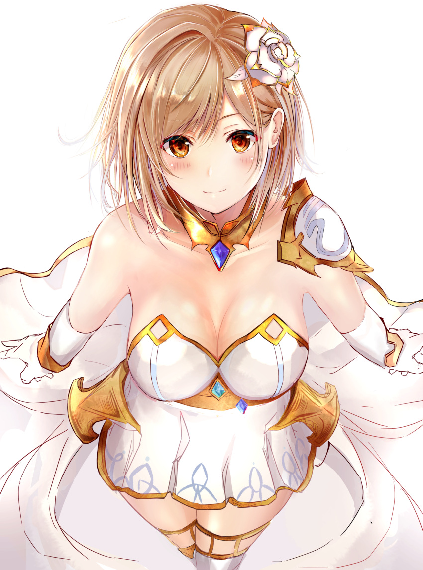 1girl bangs bare_shoulders blonde_hair blush breasts brown_eyes cleavage collarbone detached_collar djeeta_(granblue_fantasy) dress elbow_gloves flower gloves granblue_fantasy hair_flower hair_ornament highres hips large_breasts looking_at_viewer pauldrons ria_(riarea00) short_hair simple_background smile solo swept_bangs thighs white_background white_dress white_gloves