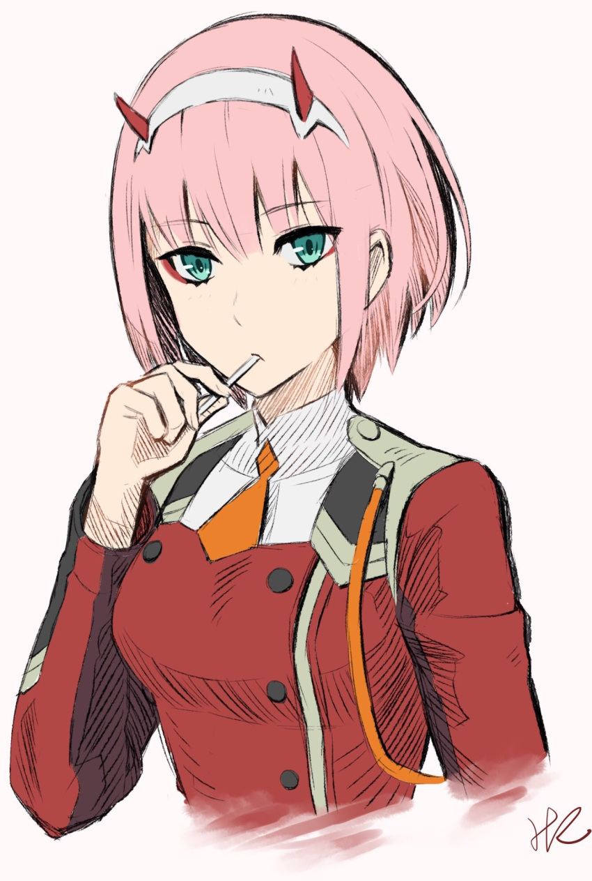1girl alternate_hair_length alternate_hairstyle aqua_eyes bangs breasts commentary_request darling_in_the_franxx eyebrows_visible_through_hair hairband highres horns hoshizaki_reita medium_breasts orange_neckwear pilot_suit pink_hair short_hair simple_background solo uniform white_hairband zero_two_(darling_in_the_franxx)