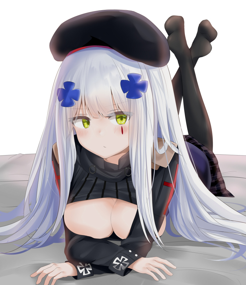 1girl absurdres bangs bed_sheet beret black_hat black_legwear blunt_bangs blush breasts cleavage cleavage_cutout closed_mouth crossed_arms eyebrows_visible_through_hair eyes_visible_through_hair facepaint girls_frontline gloves green_eyes hair_ornament hat highres hk416_(girls_frontline) iron_cross jacket large_breasts long_hair looking_at_viewer lying on_stomach plaid plaid_skirt pout ru_zhai sidelocks silver_hair simple_background skirt solo teardrop thigh-highs tsurime very_long_hair