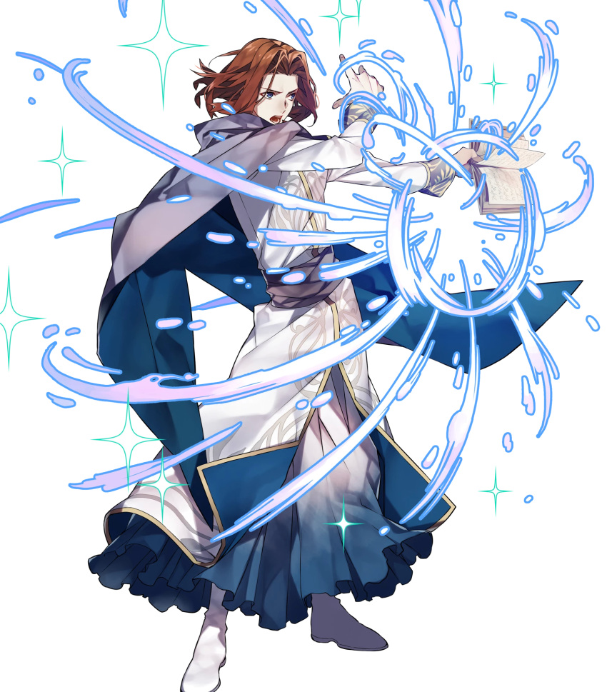 1boy 88_taho blue_cape blue_eyes book cape casting_spell collar cyas energy fire_emblem fire_emblem:_thracia_776 fire_emblem_heroes focused highres holding holding_book lips long_sleeves magic male_focus official_art open_mouth redhead robe serious short_hair simple_background solo standing teeth transparent_background white_footwear white_robe