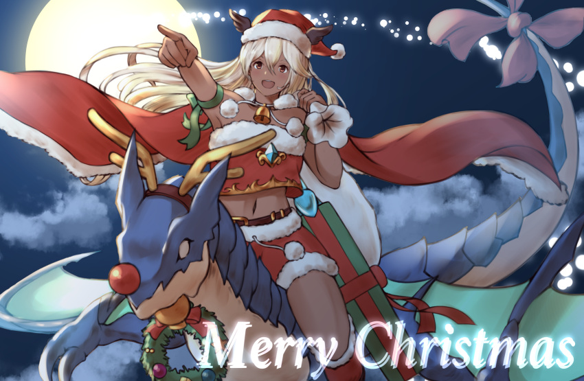 1girl :d blush cape clouds commentary_request dark_skin dragon dragon_riding full_moon fur-trimmed_boots fur-trimmed_capelet fur-trimmed_skirt fur_trim granblue_fantasy haido_(ryuuno_kanzume) hat highres long_hair merry_christmas midriff moon navel open_mouth pointing red_cape red_eyes red_nose santa_hat smile solo strapless the_order_grande white_hair winged_hat wreath