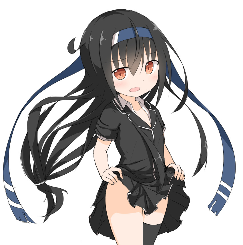black_blazer black_hair black_legwear black_skirt blazer blue_hairband blush commentary embarrassed eyebrows_visible_through_hair flat_chest hachimaki hairband hatsushimo_(kantai_collection) headband jacket kantai_collection lifted_by_self long_hair looking_at_viewer low-tied_long_hair open_mouth pleated_skirt red_eyes remodel_(kantai_collection) short_sleeves skirt skirt_lift sleeves_rolled_up thigh-highs thighs yamato_tachibana