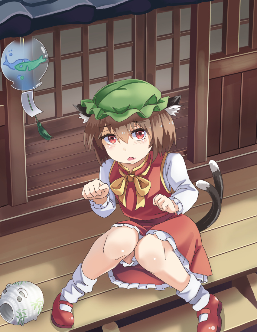 1girl absurdres animal_ears bloomers blush brown_hair cat_ears cat_tail chen eyebrows_visible_through_hair fang hair_between_eyes hat highres houshiruri kayari_buta knees_together_feet_apart long_sleeves looking_at_viewer mary_janes mob_cap multiple_tails parted_lips paw_pose red_eyes red_footwear red_skirt red_vest ribbon shoes short_hair sitting skirt sliding_doors socks solo tail touhou underwear veranda vest white_legwear wind_chime yellow_ribbon