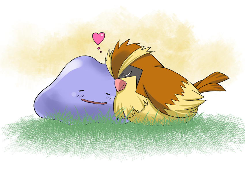 alternate_color bird blush closed_eyes commentary_request couple creature ditto full_body gen_1_pokemon grass heart no_humans outdoors pidgey platin_(alios) pokemon pokemon_(creature) shiny_pokemon