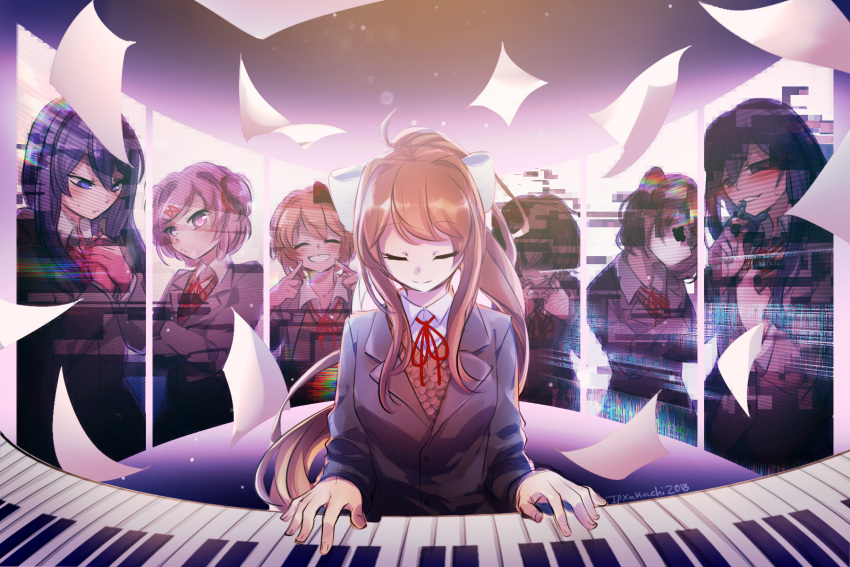 2018 4girls artist_name bangs blazer blue_eyes blush bow breasts brown_hair closed_eyes closed_mouth collared_shirt commentary covered_eyes crossed_arms doki_doki_literature_club english_commentary eyebrows_visible_through_hair facing_viewer fingers_to_cheeks glitch green_eyes grey_jacket grin hair_bow hair_ornament hair_over_eyes hairclip hand_on_own_chest hands_on_own_chest hands_up highres holding holding_pen instrument jacket long_hair long_sleeves looking_at_viewer looking_away medium_breasts monika_(doki_doki_literature_club) multiple_girls music natsuki_(doki_doki_literature_club) neck_ribbon open_mouth paper pen piano pink_eyes pink_hair playing_instrument playing_piano ponytail purple_hair red_bow red_neckwear red_ribbon ribbon sayori_(doki_doki_literature_club) school_uniform screen shaded_face shiny shiny_hair shirt short_hair sidelocks signature sky smile solo_focus spoilers star_(sky) starry_sky sweatdrop upper_body vest violet_eyes white_bow white_ribbon white_shirt wing_collar xeiv yuri_(doki_doki_literature_club)