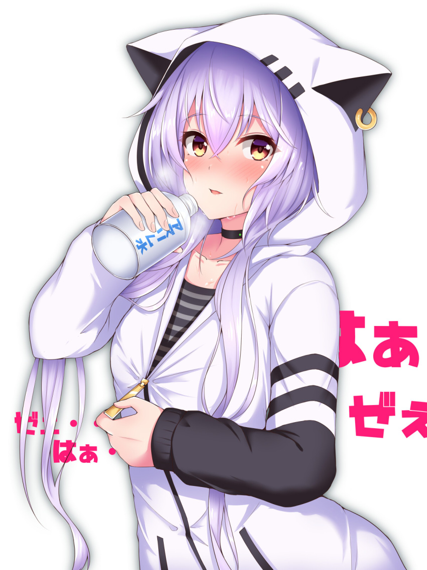 1girl animal_hood azuma_lim azuma_lim_channel bangs black_choker blush brown_eyes cat_hood choker collarbone commentary_request ear_piercing etan14 eyebrows_visible_through_hair hair_between_eyes highres hood hood_up hoodie long_hair long_sleeves looking_at_viewer parted_lips piercing shirt silver_hair solo striped striped_shirt translation_request very_long_hair virtual_youtuber white_background white_hoodie