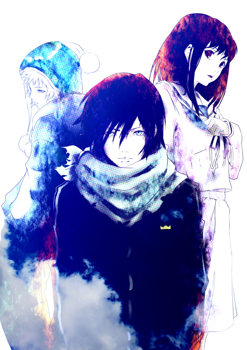 1girl 2boys black_hair blue_eyes clenched_hand coat hand_up hands_in_pockets hat highres iki_hiyori looking_at_viewer medium_hair multiple_boys multiple_girls noragami open_mouth poker-face-008 pom_pom_(clothes) scarf school_uniform violet_eyes yato_(noragami) yukine_(noragami)