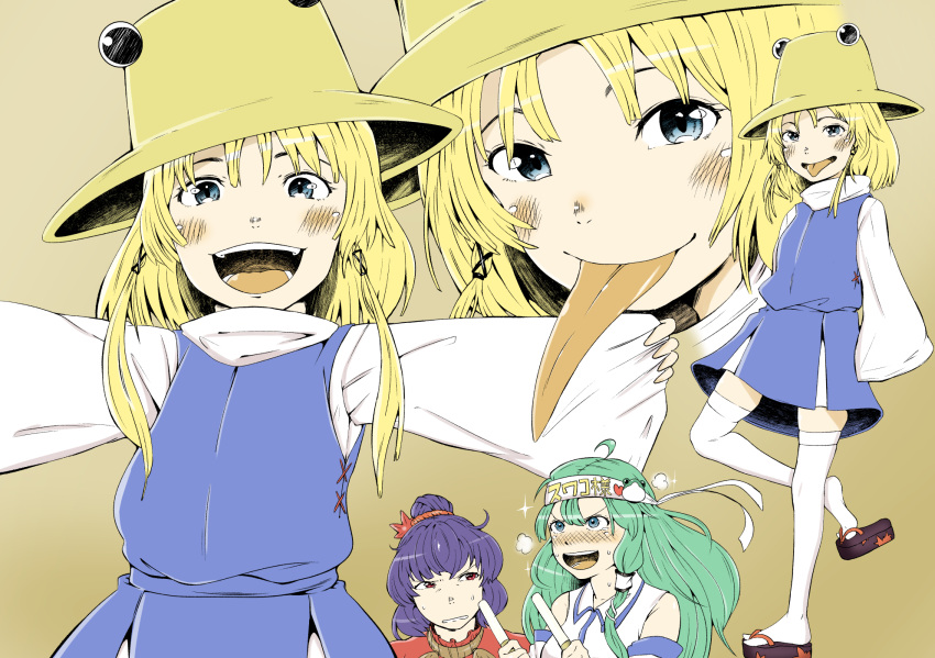3girls :d :p ahoge bangs beige_background bent_knee black_footwear black_ribbon blonde_hair blouse blue_eyes blue_hair blue_skirt blue_vest blush breasts collared_shirt commentary_request cowboy_shot detached_sleeves eyebrows flat_chest frog_hair_ornament full-face_blush green_hair hachimaki hair_bun hair_ornament hair_ribbon hair_tubes headband heart heel_raised highres holding holding_stick kochiya_sanae koujouchou layered_skirt leaf_hair_ornament leaf_print light_stick long_tongue looking_at_viewer medium_breasts moriya_suwako multiple_girls multiple_views nontraditional_miko nose_blush one_leg_raised open_mouth outstretched_arms parted_bangs platform_footwear portrait pyonta red_blouse red_eyes ribbon rope sandals shirt short_hair sidelocks simple_background skirt sleeves_past_fingers smile snake_hair_ornament sparkle spread_arms standing standing_on_one_leg steam sweatdrop tears teeth thigh-highs tongue tongue_out touhou turtleneck upper_body vest white_legwear white_shirt wide_sleeves yasaka_kanako zettai_ryouiki