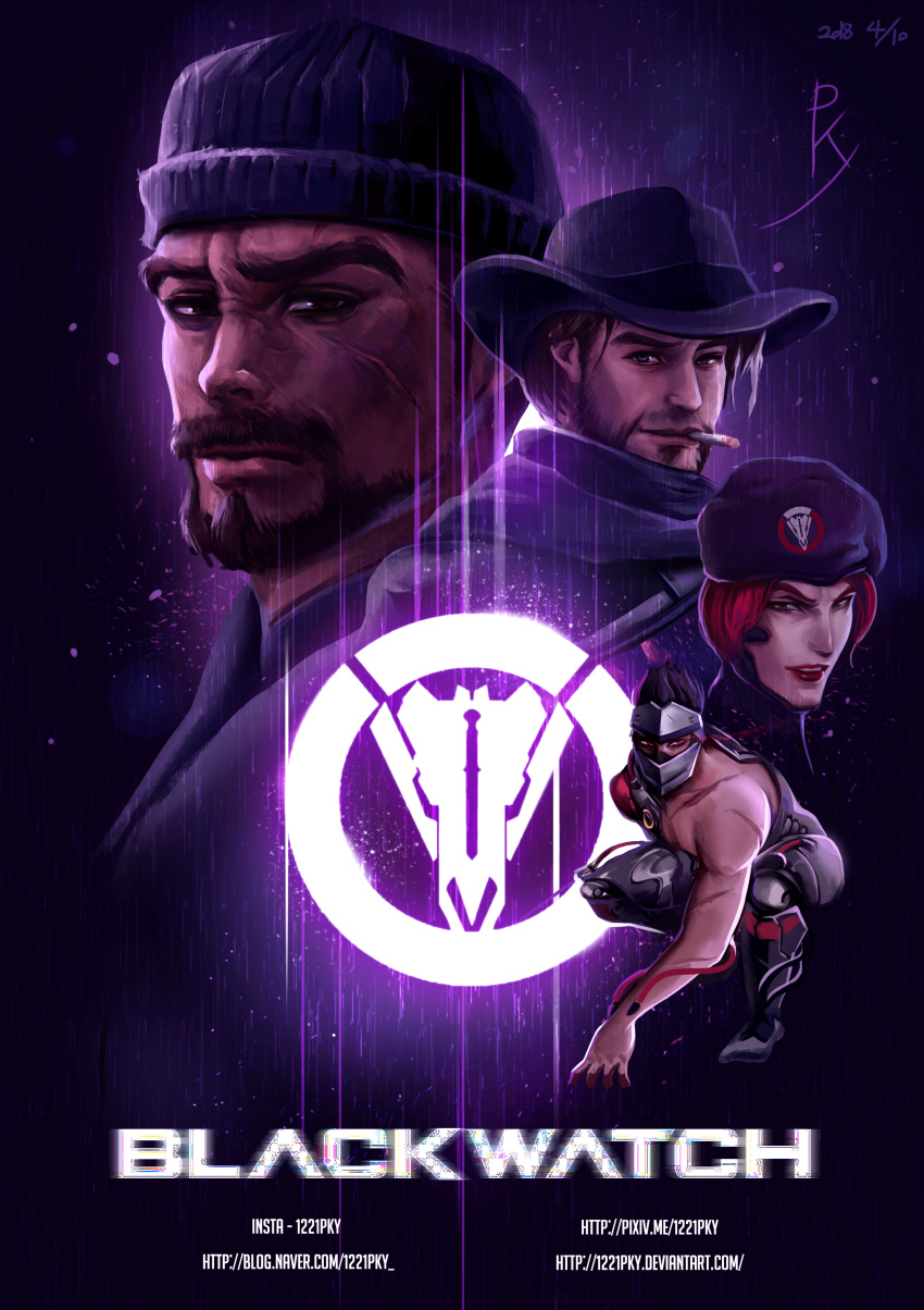 1girl 3boys absurdres artist_name beard beret black_hair blackwatch_genji blackwatch_mccree blackwatch_moira blackwatch_reyes brown_eyes brown_hair cigarette cowboy_hat cyborg dated facial_hair facial_scar genji_(overwatch) glowing glowing_eyes green_eyes hat highres lipstick looking_at_viewer makeup mccree_(overwatch) moira_(overwatch) mouth_hold multiple_boys open_mouth overwatch pky reaper_(overwatch) red_eyes redhead scar signature squatting watermark web_address