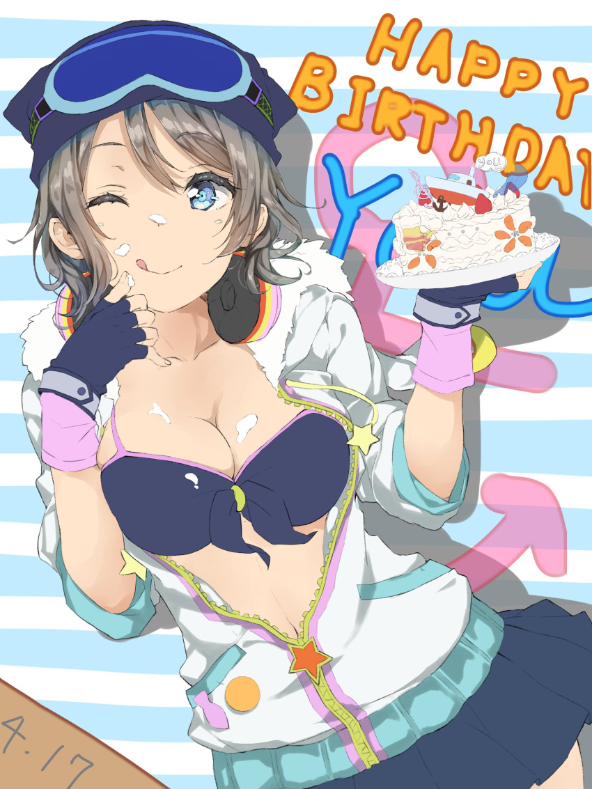 1girl ;q absurdres anchor_symbol badge blue_bikini_top blue_eyes blue_gloves blue_hat blue_skirt breasts button_badge cake cleavage collarbone dated fingerless_gloves food food_on_body food_on_breasts food_on_clothes food_on_face front-tie_top gloves goggles goggles_on_headwear grey_hair happy_birthday hat headphones headphones_around_neck highres hinausa holding holding_plate hood hood_down jacket licking_lips love_live! love_live!_school_idol_festival love_live!_sunshine!! medium_breasts miniskirt one_eye_closed plate short_hair skirt smile solo striped striped_background tongue tongue_out watanabe_you