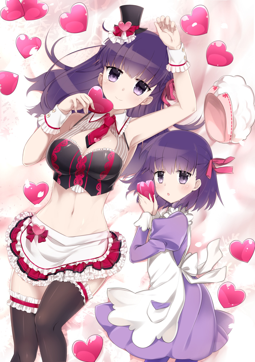 2girls absurdres apron arm_up bangs beret between_breasts black_hat black_legwear blush bow breasts character_request cleavage cleavage_cutout closed_mouth crop_top dress eyebrows_visible_through_hair fate/stay_night fate_(series) flat_chest frilled_apron frilled_legwear frilled_skirt frills hair_between_eyes hair_bow hat hat_removed headwear_removed highres holding holding_heart juliet_sleeves large_breasts long_hair long_sleeves looking_at_viewer lying matou_sakura mini_hat mini_top_hat multiple_girls navel necktie on_back on_side ouhina parted_lips pink_bow pleated_skirt puffy_sleeves purple_dress purple_hair purple_legwear red_neckwear red_skirt short_hair skirt smile thigh-highs top_hat violet_eyes waist_apron white_apron white_hat wrist_cuffs