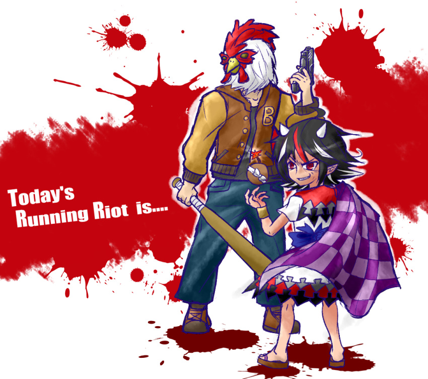 1boy 1girl baseball_bat blood blood_splatter bomb crossover denim english evil_grin evil_smile grin gun handgun height_difference hotline_miami jacket jacket_(hotline_miami) jeans kijin_seija letterman_jacket pants pistol richard_(hotline_miami) sandals smile touhou weapon