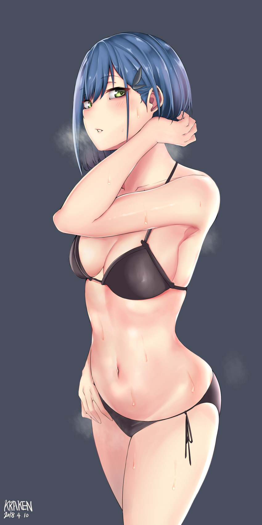 1girl absurdres artist_name bikini black_bikini blue_hair breasts collarbone commentary_request darling_in_the_franxx eyebrows_visible_through_hair green_eyes hair_ornament hairclip highres ichigo_(darling_in_the_franxx) kuraken looking_at_viewer navel short_hair side-tie_bikini solo standing steaming_body sweat swimsuit