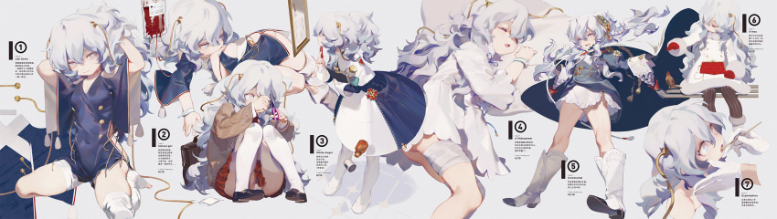 1girl :d alternate_costume animal ass bag bandage bandaged_leg bare_legs bench bird black_gloves blue_eyes blush boots braid casual closed_eyes coat disembodied_limb dress epaulettes floating_hair french_flag full_body fur-trimmed_sleeves fur_trim girls_frontline gloves grey_background hair_between_eyes hair_ornament hairpin handbag hands highres juliet_sleeves knee_boots legs_apart long_hair long_sleeves looking_at_viewer lying military military_uniform multiple_views no_pants on_side open_mouth pantyhose pillow puffy_sleeves red_gloves rei_(sanbonzakura) ribeyrolles_1918_(girls_frontline) shirt short_dress side_braid simple_background sitting sleeping smile standing striped striped_legwear tsurime uniform vertical-striped_legwear vertical_stripes very_long_hair white_coat white_dress white_footwear white_gloves white_hair white_shirt winter_clothes winter_coat wristband