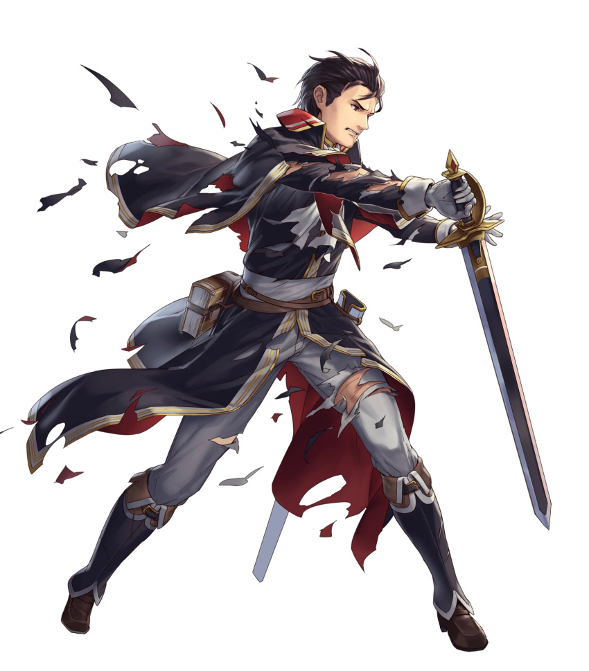 1boy belt black_hair book boots brown_eyes capelet cuboon fire_emblem fire_emblem:_thracia_776 full_body gloves highres male_focus official_art reinhardt_(fire_emblem) solo sword teeth torn_clothes transparent_background weapon