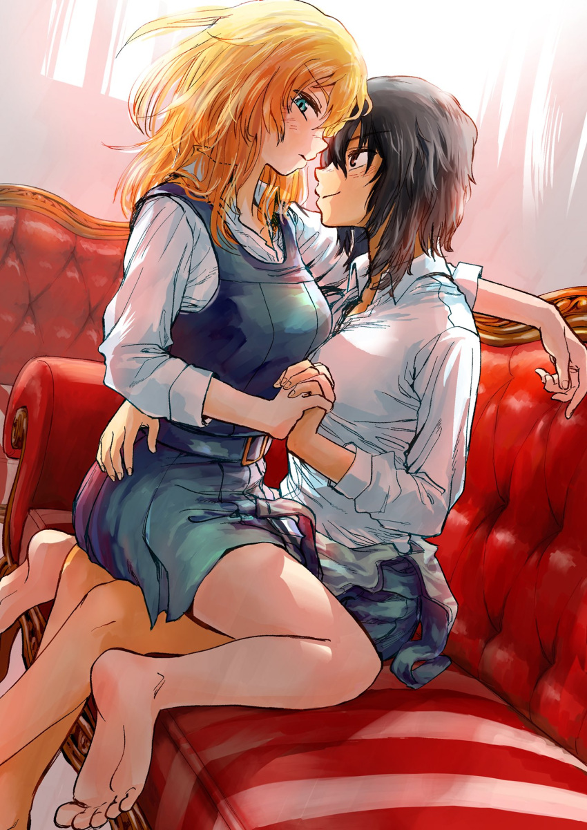 2girls andou_(girls_und_panzer) bangs barefoot bc_freedom_school_uniform black_dress black_hair blonde_hair blue_eyes brown_eyes closed_mouth commentary_request couch dark_skin dress dress_shirt dutch_angle eyebrows_visible_through_hair feet from_side frown girls_und_panzer hand_holding highres indoors interlocked_fingers looking_at_another looking_at_viewer medium_hair messy_hair multiple_girls oshida_(girls_und_panzer) pinafore_dress pleated_dress school_uniform shirt sitting smile straddling subuta_yuuki unbuttoned white_shirt wing_collar yuri