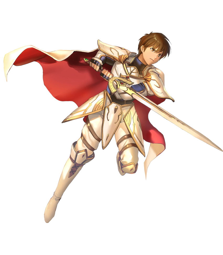 1boy armor bangs boots brown_eyes brown_hair cape fingerless_gloves fire_emblem fire_emblem:_thracia_776 fire_emblem_heroes full_body gauntlets gloves highres holding holding_sword holding_weapon leaf_(fire_emblem) official_art one_leg_raised pants short_hair shoulder_armor solo sword transparent_background weapon white_footwear