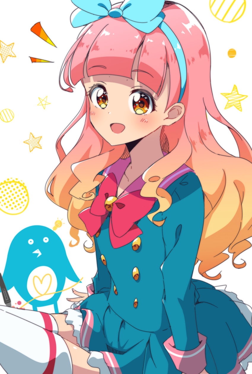 1girl aikatsu!_(series) aikatsu_friends! bangs blue_hair bokkun_(doyagaobyo) bow eyebrows_visible_through_hair hair_bow highres long_hair looking_at_viewer multicolored_hair orange_hair pink_hair smile star_harmony_academy_uniform yellow_eyes yuuki_aine