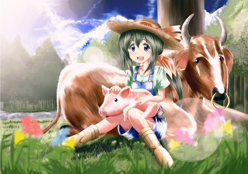 :d animal animal_on_lap blue_eyes blurry blush_stickers boots depth_of_field flower forest grass green_hair hair_between_eyes hat horns kuroda_ariake lens_flare looking_at_viewer low_ponytail nature nose_ring open_mouth original overalls pig river sitting smile sun_hat tree